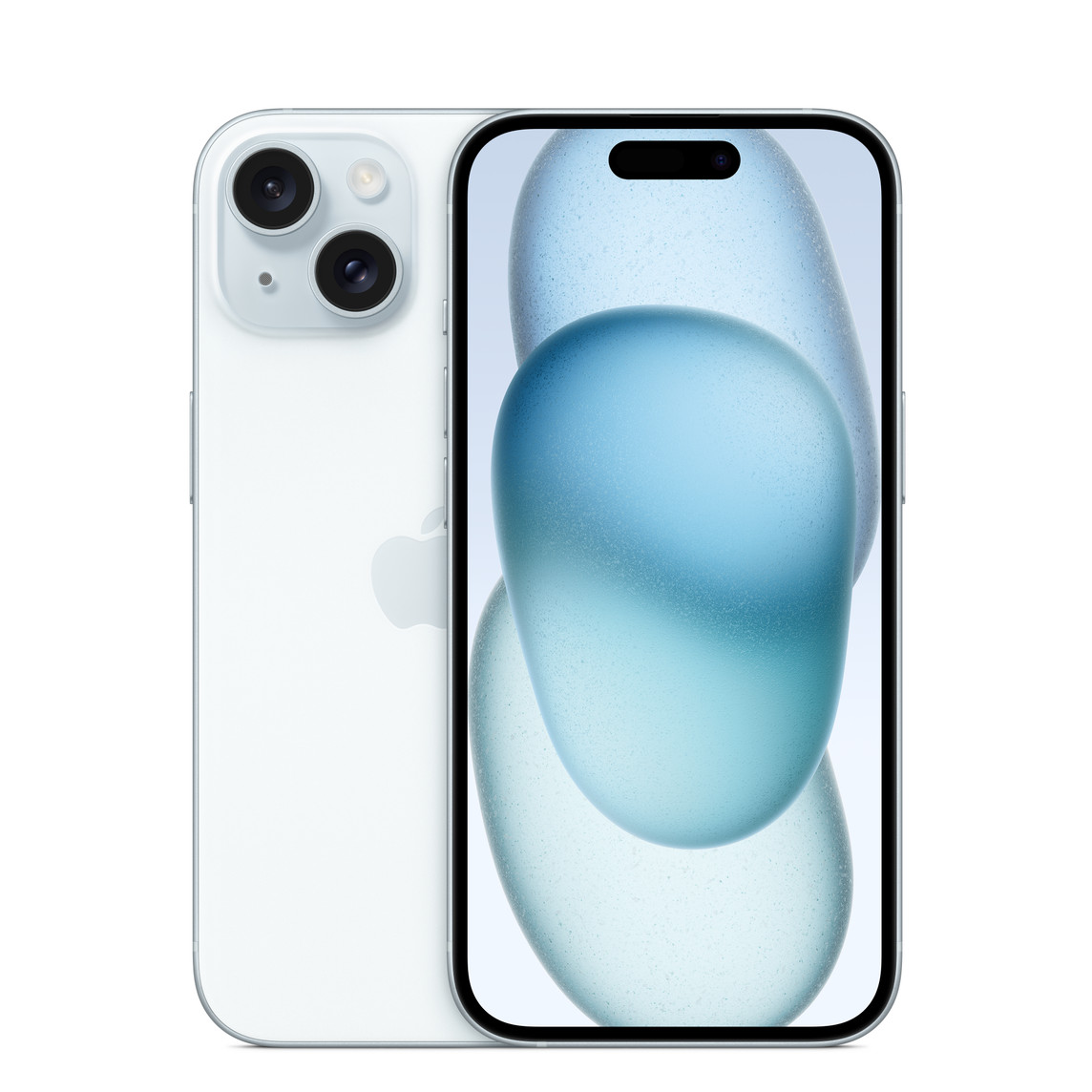 Apple iPhone 15 in blue, front and back